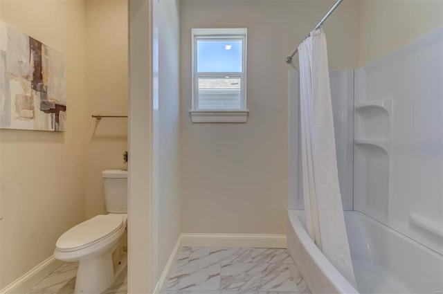 bathroom with shower / bathtub combination with curtain, toilet, and tile floors