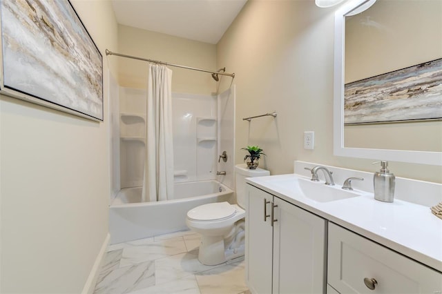 full bathroom featuring tile flooring, shower / tub combo with curtain, vanity, and toilet