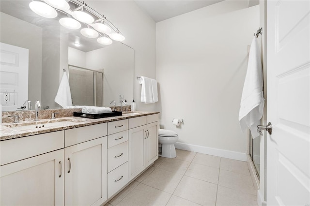 bathroom featuring tile patterned flooring, vanity, a shower with door, and toilet