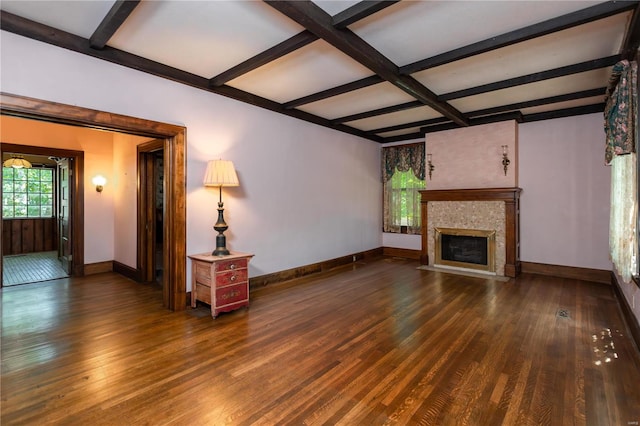 unfurnished living room featuring coffered ceiling, beam ceiling, and dark hardwood / wood-style floors