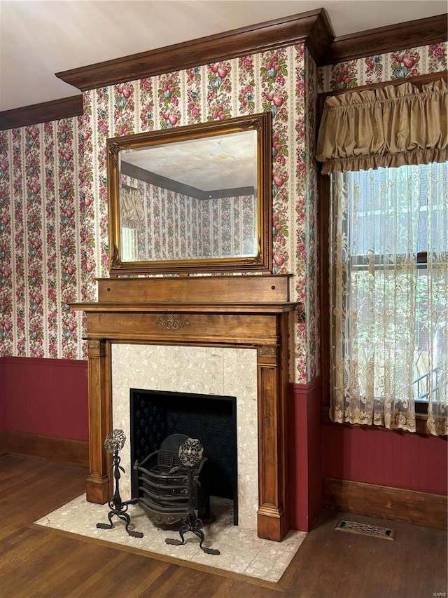 details featuring ornamental molding, wood-type flooring, and a fireplace