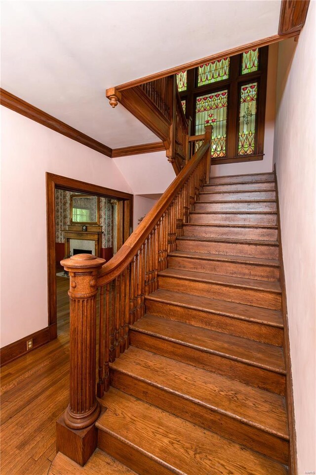 stairway featuring ornamental molding and wood-type flooring