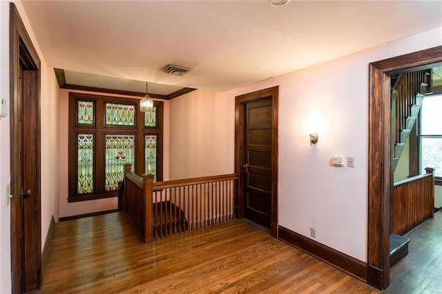 foyer entrance featuring an inviting chandelier and dark hardwood / wood-style floors