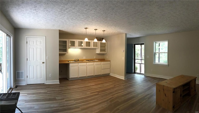 kitchen featuring decorative light fixtures, dark wood-type flooring, plenty of natural light, and sink