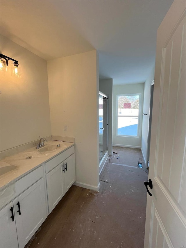 bathroom with vanity and walk in shower