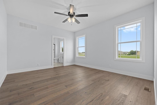 spare room with a wealth of natural light, wood-type flooring, and ceiling fan