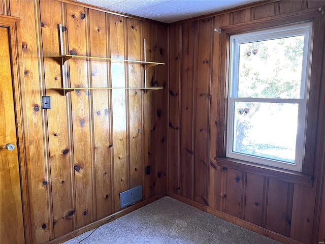 carpeted spare room featuring wood walls