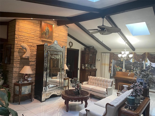 interior space with lofted ceiling with skylight, light tile floors, and ceiling fan with notable chandelier