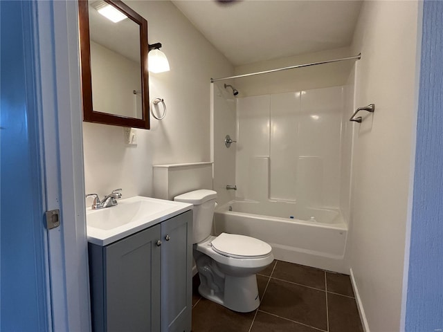 full bathroom with  shower combination, toilet, tile flooring, and vanity