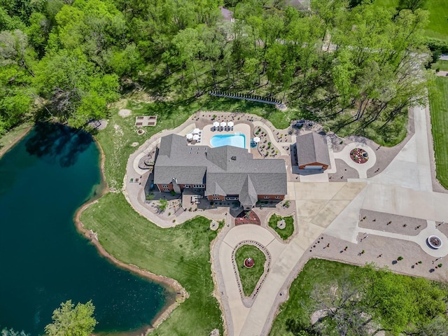 aerial view featuring a water view