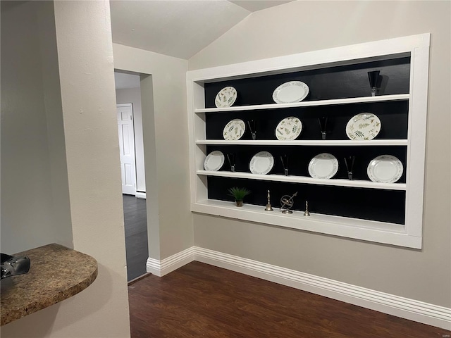 hall with built in features, lofted ceiling, and dark hardwood / wood-style flooring