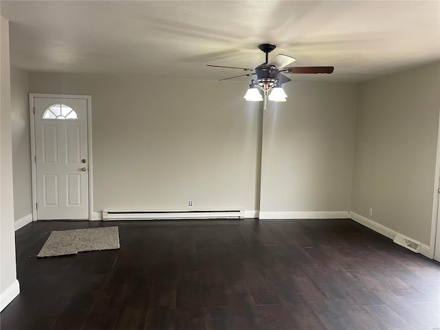 foyer entrance with a baseboard radiator, ceiling fan, and hardwood / wood-style floors