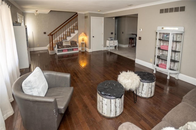 living room featuring crown molding and dark wood-type flooring