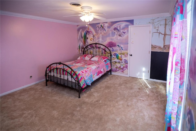 bedroom featuring ceiling fan, crown molding, and light colored carpet