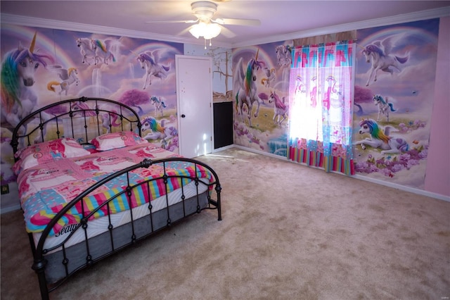 carpeted bedroom featuring ceiling fan and ornamental molding