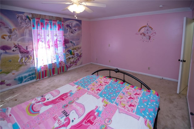 carpeted bedroom with ceiling fan and ornamental molding