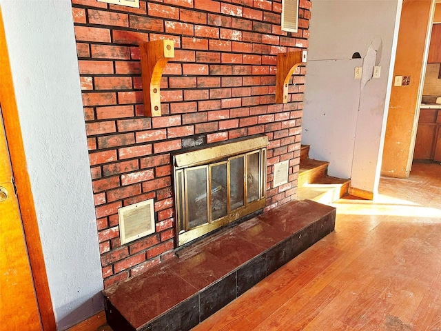 details featuring hardwood / wood-style floors and a fireplace