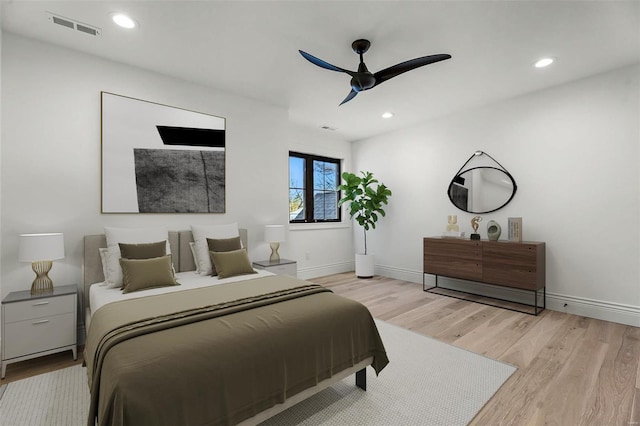 bedroom featuring ceiling fan and light wood-type flooring