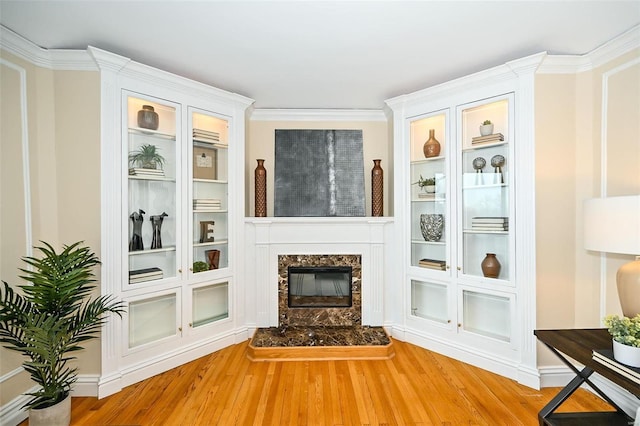 living room with hardwood / wood-style flooring, ornamental molding, and a fireplace