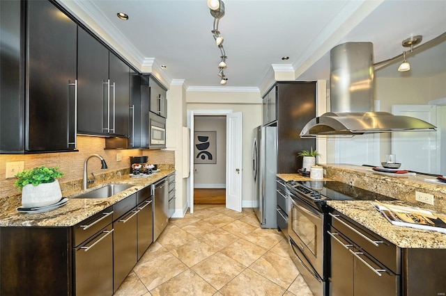 kitchen with island exhaust hood, appliances with stainless steel finishes, backsplash, ornamental molding, and sink