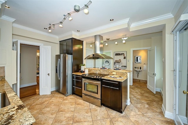 kitchen featuring island range hood, light stone countertops, crown molding, and appliances with stainless steel finishes