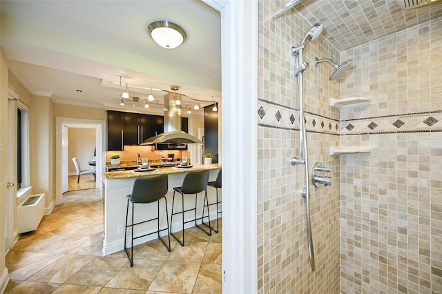 bathroom with tile patterned flooring, a tile shower, and ornamental molding