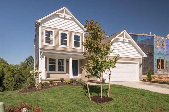 front facade with a front yard, a garage, and cooling unit