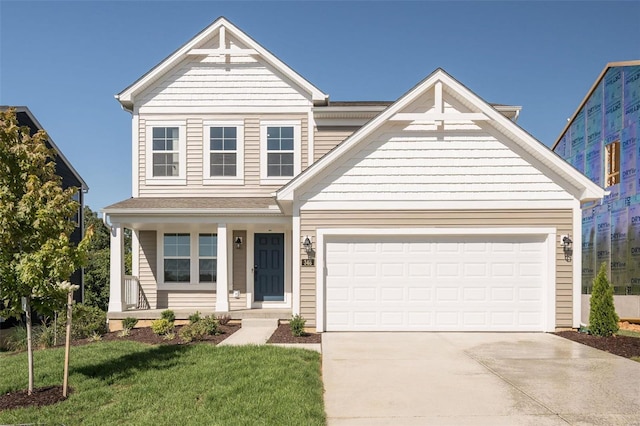 view of front of home featuring an attached garage, covered porch, a front lawn, and concrete driveway