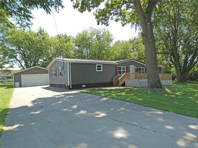 manufactured / mobile home featuring a detached garage, crawl space, a front yard, metal roof, and an outbuilding