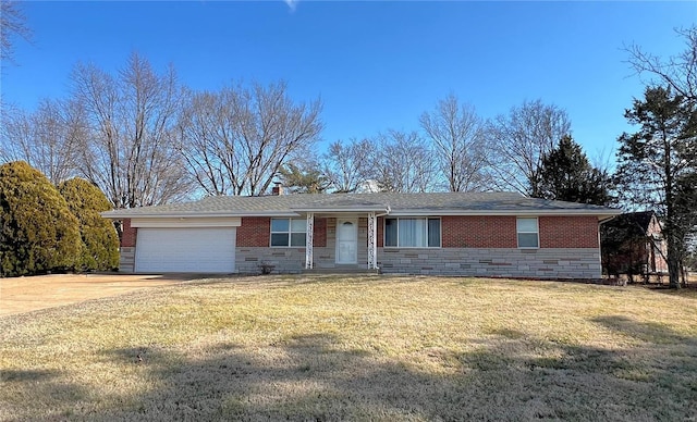 ranch-style house with a front yard and a garage