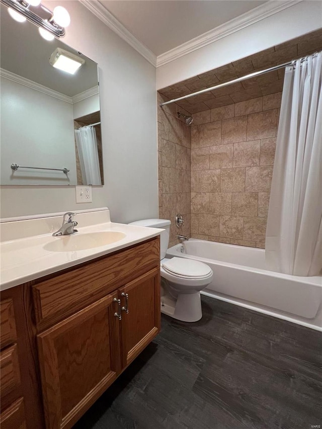 full bathroom with vanity, shower / bath combination with curtain, toilet, and hardwood / wood-style flooring