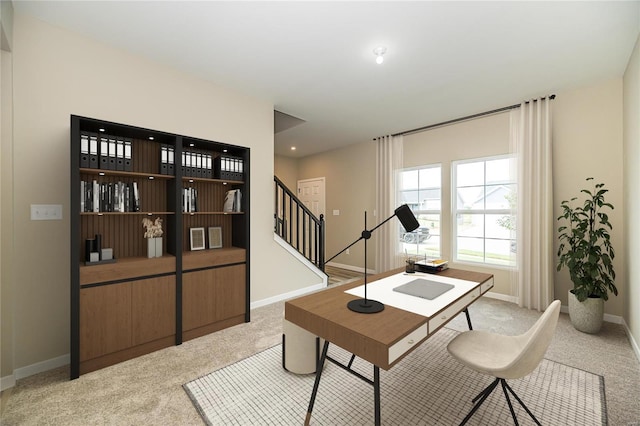 home office featuring recessed lighting, light colored carpet, and baseboards