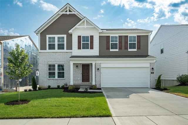 view of front of house featuring an attached garage, concrete driveway, brick siding, and a front yard