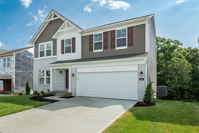 view of front of house with brick siding, an attached garage, central AC, driveway, and a front lawn