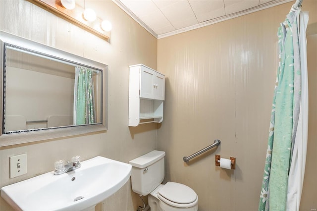 bathroom with toilet, ornamental molding, and sink