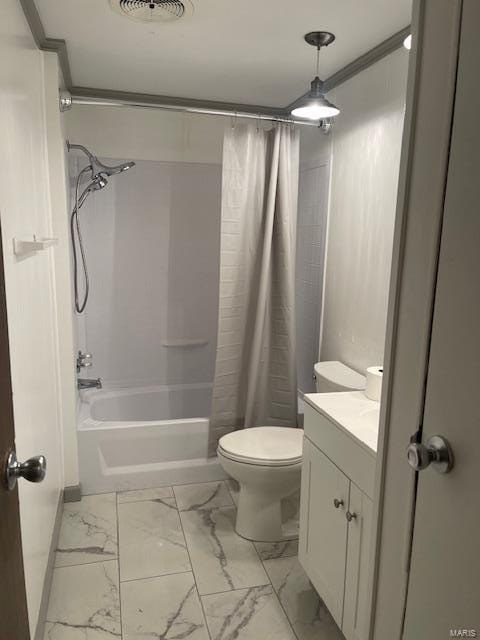 full bathroom featuring shower / tub combo, tile flooring, toilet, and vanity