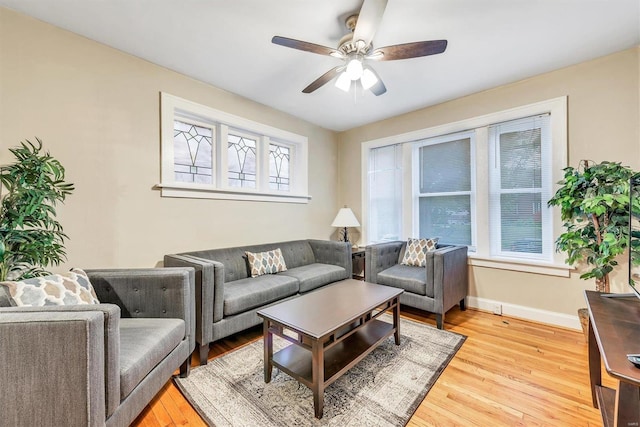 living room with ceiling fan and light wood-type flooring