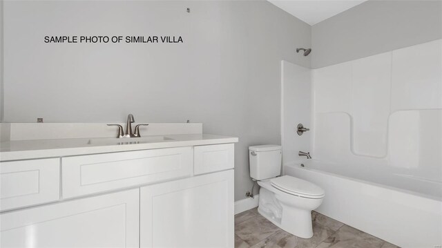 full bathroom with tile flooring, toilet, vanity, and shower / tub combination