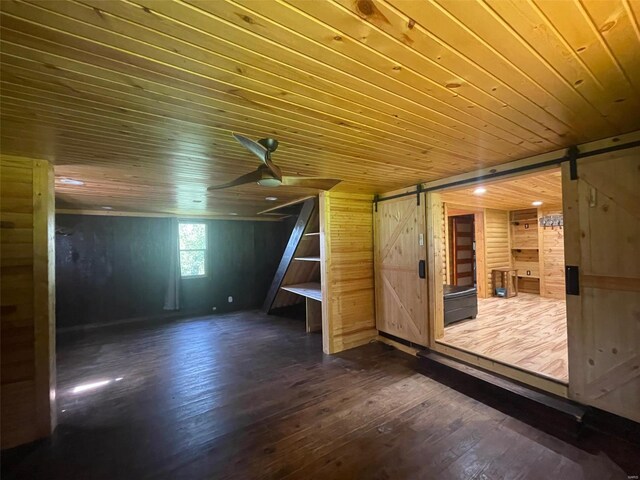 additional living space featuring wood ceiling, wood walls, dark wood-type flooring, and a barn door