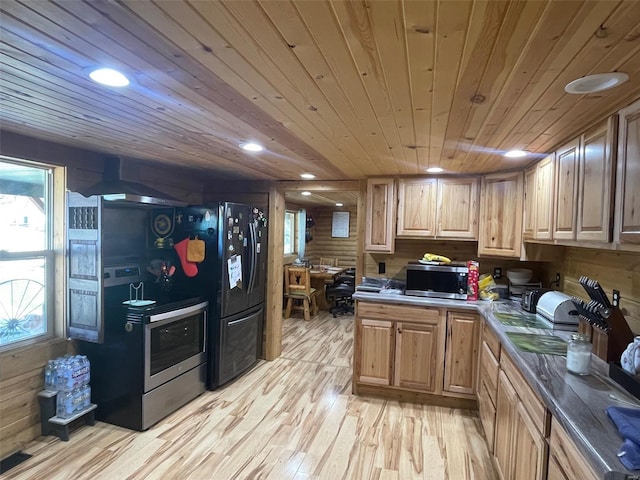 kitchen featuring wood ceiling, wooden walls, and light wood-type flooring