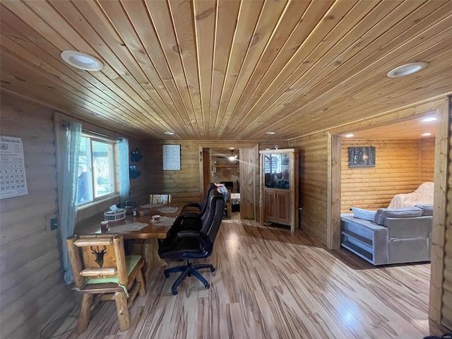 office space featuring hardwood / wood-style flooring, wooden walls, and wooden ceiling