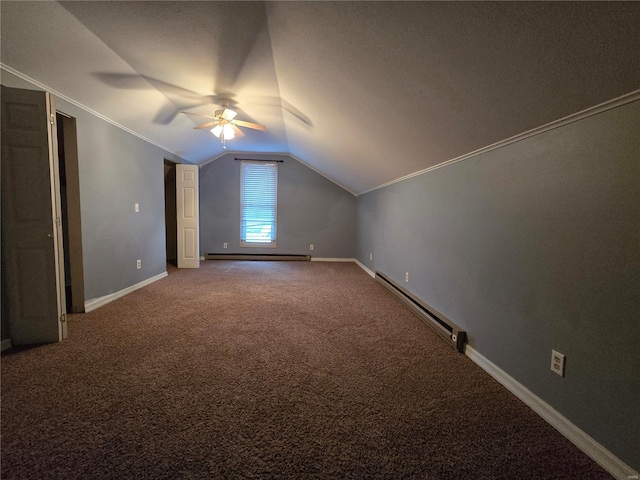 bonus room featuring lofted ceiling, carpet, baseboards, and baseboard heating