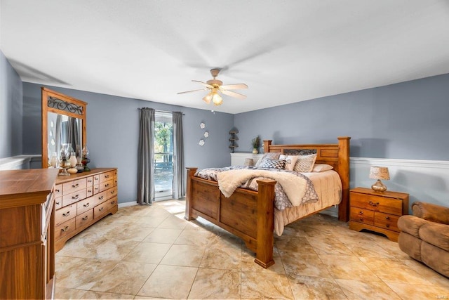 bedroom with light tile patterned floors and a ceiling fan