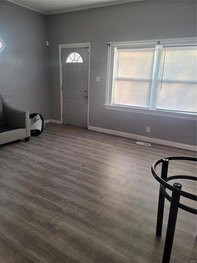 entryway with dark hardwood / wood-style flooring