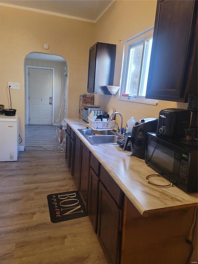 kitchen with dark brown cabinetry, crown molding, light hardwood / wood-style flooring, and sink