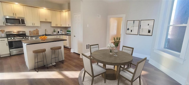 dining area with sink and dark hardwood / wood-style flooring