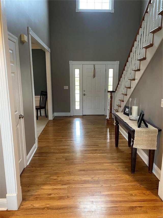 entrance foyer featuring a high ceiling, light wood-type flooring, and a wealth of natural light