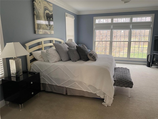 carpeted bedroom with crown molding