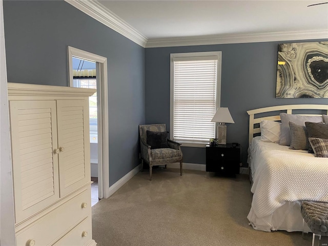 carpeted bedroom with ornamental molding