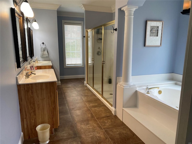 bathroom featuring oversized vanity, decorative columns, and plus walk in shower